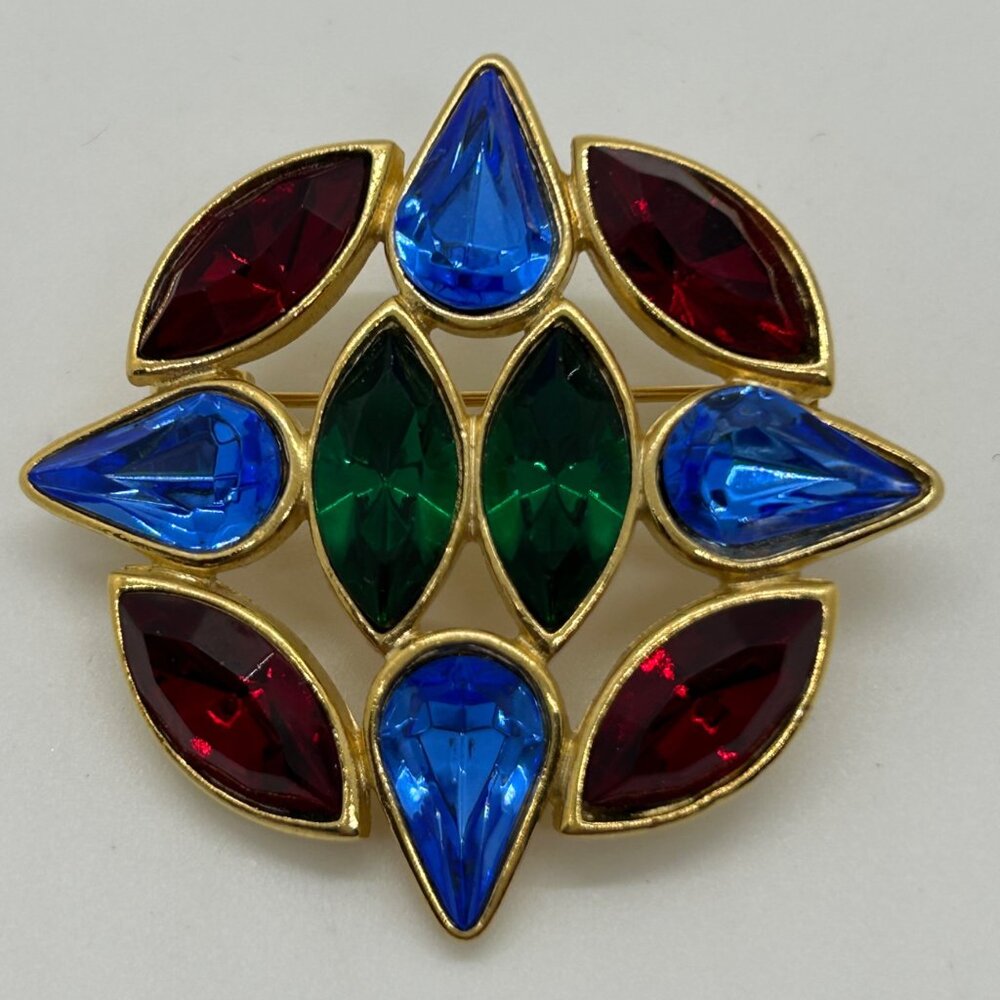 Vintage Gold Tone Multi-Color Brooch Pin Jewel Colored Rhinestone Statement 1990 - Picture 3 of 12